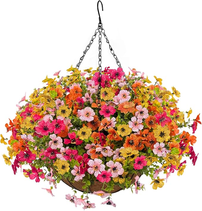 Artificial Fall Flowers with Hanging Baskets Outdoors for Decoration Faux mums for Outdoor planters Fake Mums Artificial Hanging Plants UV Resistant for Autumn Porch Home Patio Decor (Honey Gold)
