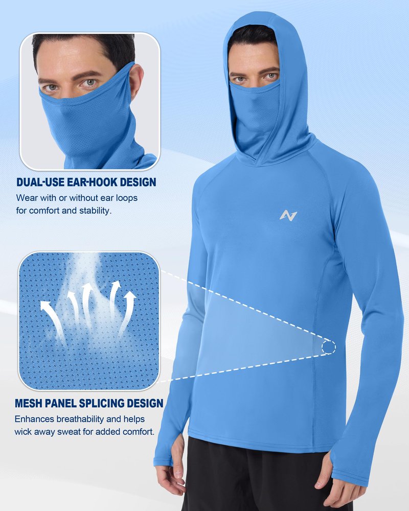isnowood Men's UPF 50+ Fishing Sun Hoodie, UV Protection Long Sleeve Hooded Shirt with Mask for Hiking outdoor