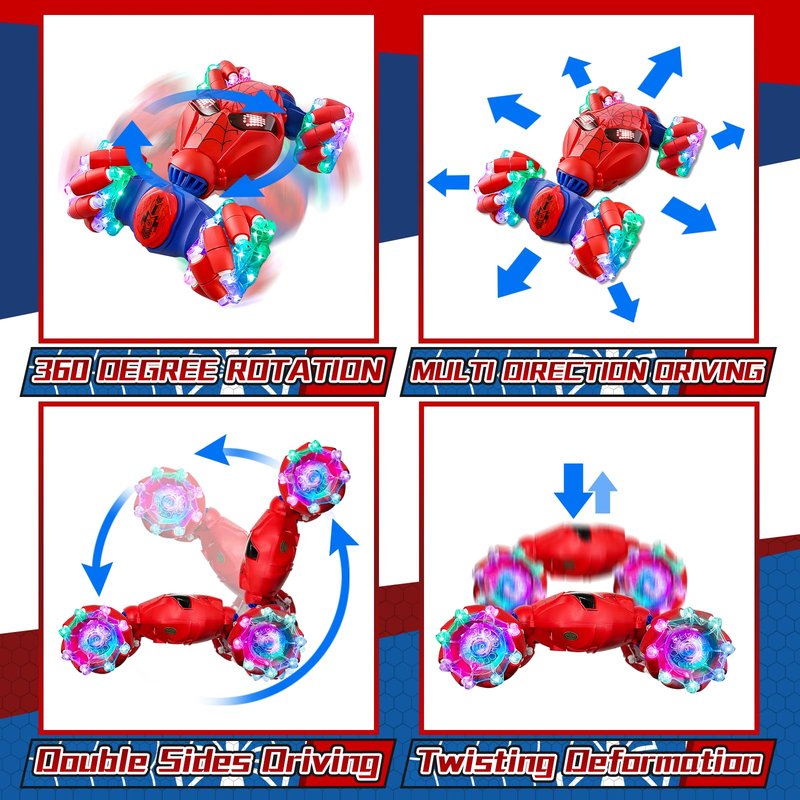 S-pider Rc Gesture Sensing Stunt Car Toys for Boys 3-14 Years Old, Drift Hand Control Remote Control Cars with Light & Music, 360°Rotation Double Side Cars Birthday Gifts for Kid Age 4 5 6 7 8 9 10 11