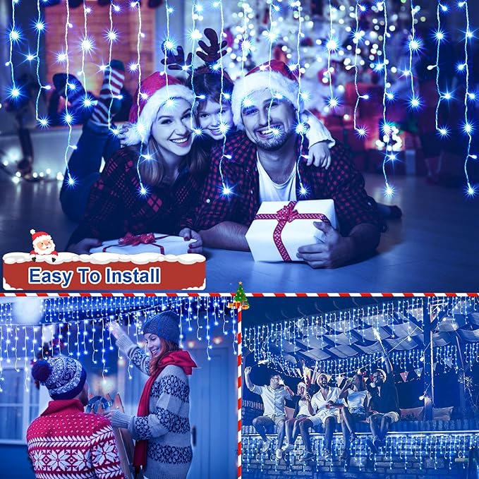 JXLEDAYY 65 FT 640 LED Christmas Lights Outdoor Decorations Clear Wire String Lights Plug in 120 Drops 8 Modes Memory Timer Connectable Curtain Fairy Lights Waterproof for Holiday Wedding Party-Blue