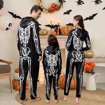 ANGELGGH Family Matching Halloween Onesie Pajamas, Funny Skeleton Printed Hooded Zippered PJs Holiday Loungewear for Men/Women (Men, M, Skull)