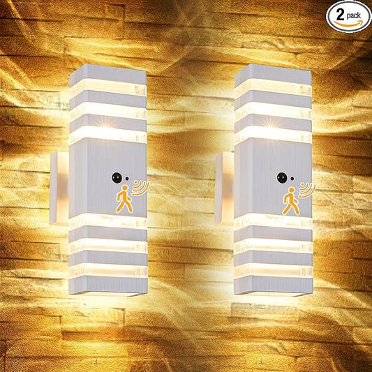 2 Pack Motion Sensor Outdoor Wall Lights with 4 Dimmable Bulbs, Modern White Dusk to Dawn Porch Sconces Waterproof Up Down Exterior Lighting Fixtures, Outside Coach Lamp for House Garage Front Door