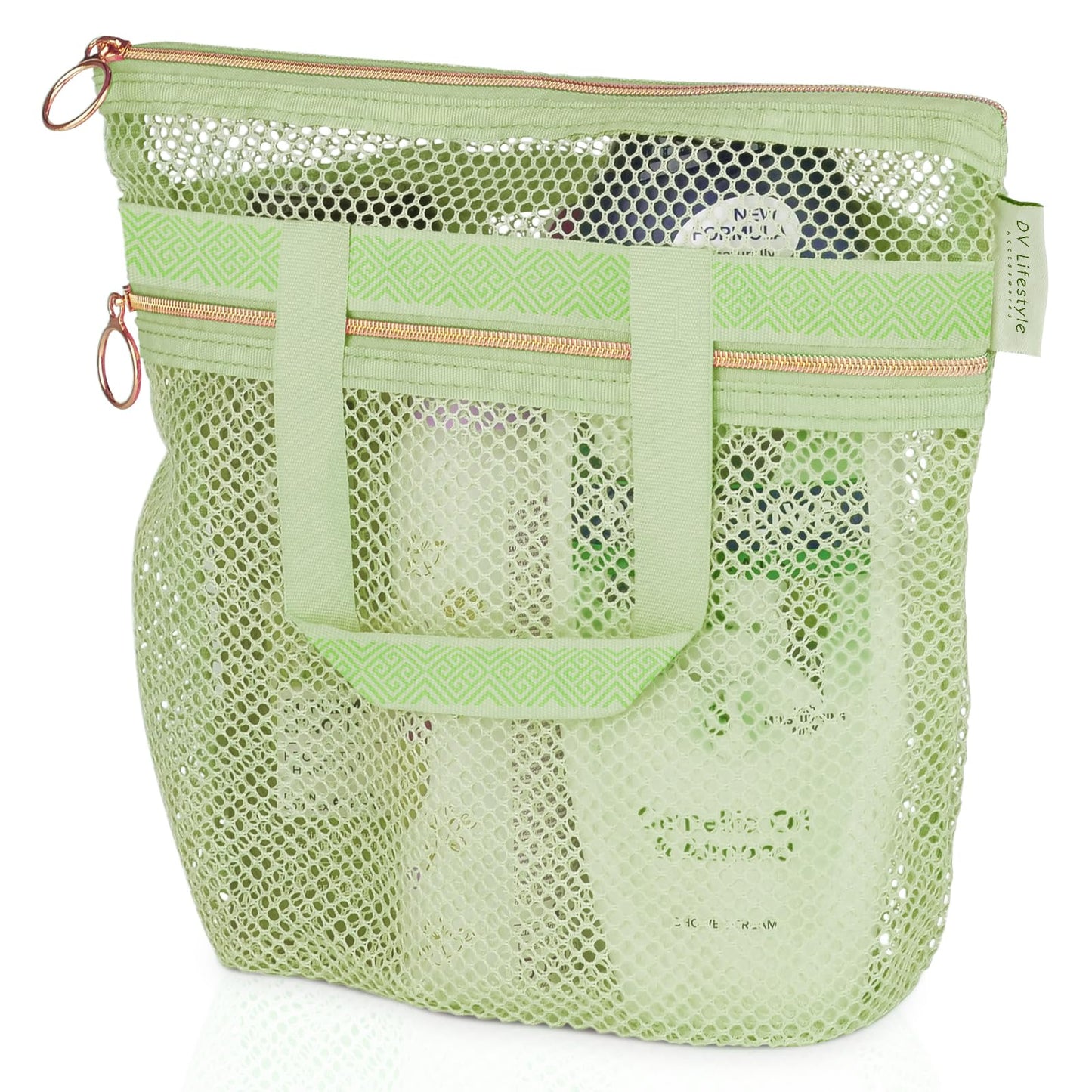 DV Lifestyle Mesh Shower Bag 10.2x9.9'' Quick-Dry Caddy with Zipper & 2 Pockets. Portable Toiletry Tote for Bathroom, Gym, Travel, Camp, Beach, for Sunscreen, Dorm & College Essentials (Light Green)