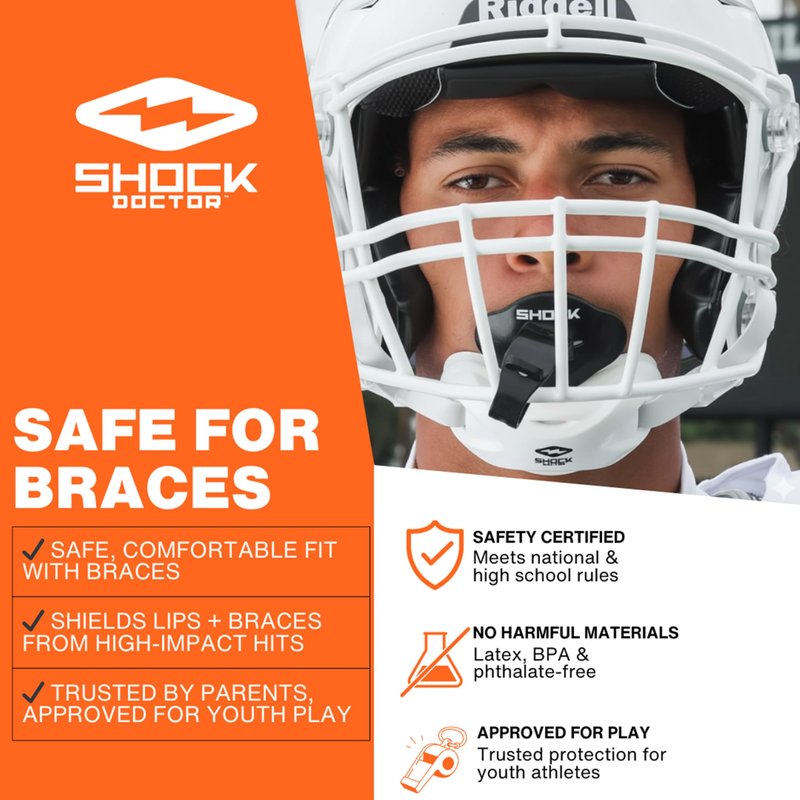 Shock Doctor Lip Guard, Adult and Youth Mouth Guard Football with Strap, Breathable Wide Opening Football Mouthpiece for Youth and Adults OSFA, Shock Doctor Mouth Guards, Max Airflow
