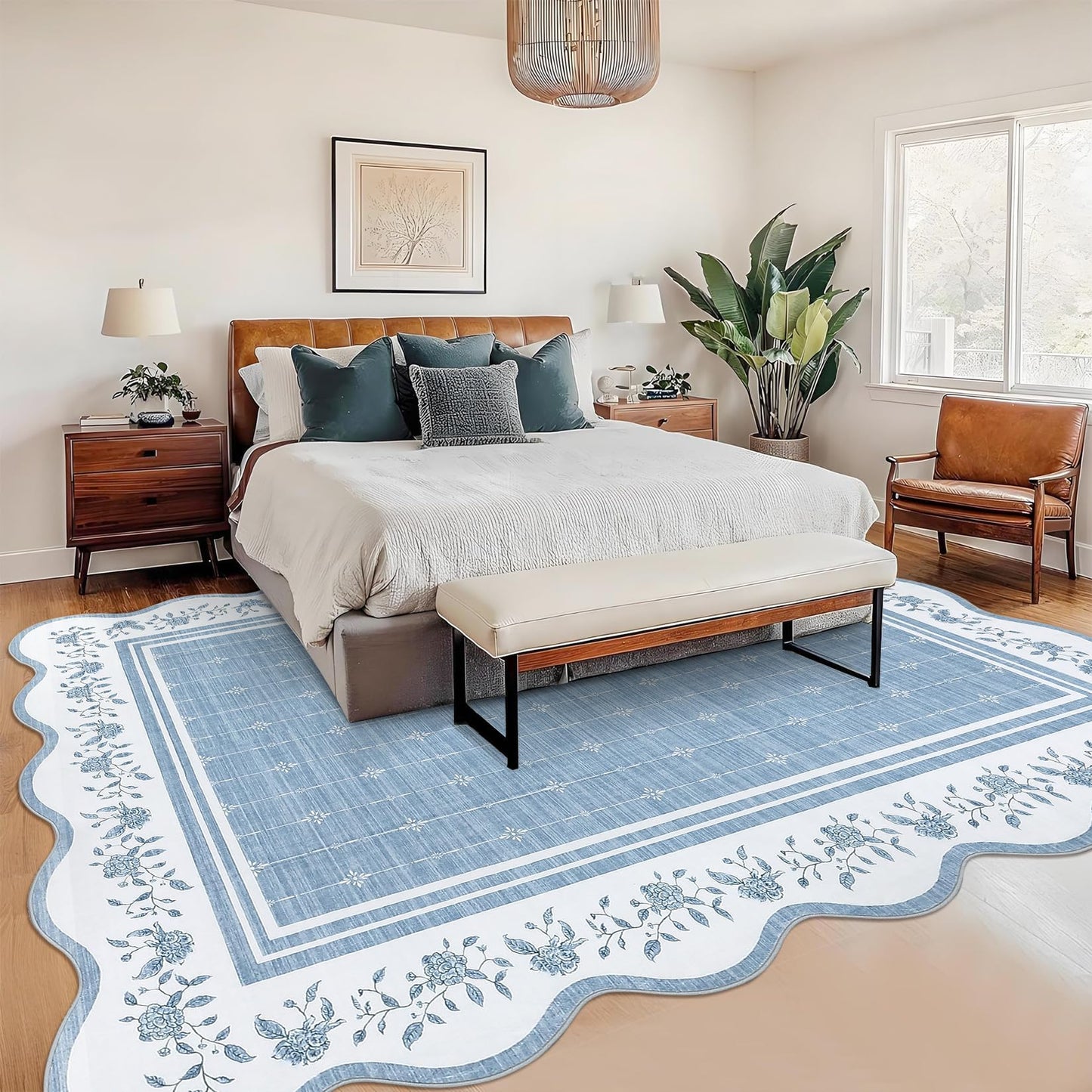 Garvee Washable Rugs for Living Room 8x10 Area Rugs for Bedroom Scalloped Rug Modern Bordered Non Slip Large Kids Bedroom Carpet Indoor Stain Resistant Floor Cover for Dining Room Office Nursery Blue