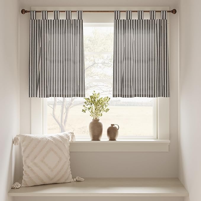 JINCHAN Tab Top Linen Kitchen Curtains 24 Inch Striped Tier Curtains Farmhouse Modern Cafe Style Small Window Treatments Airy Light Filtering Rod Pocket for Living Room Bathroom 2 Panels Charcoal Grey