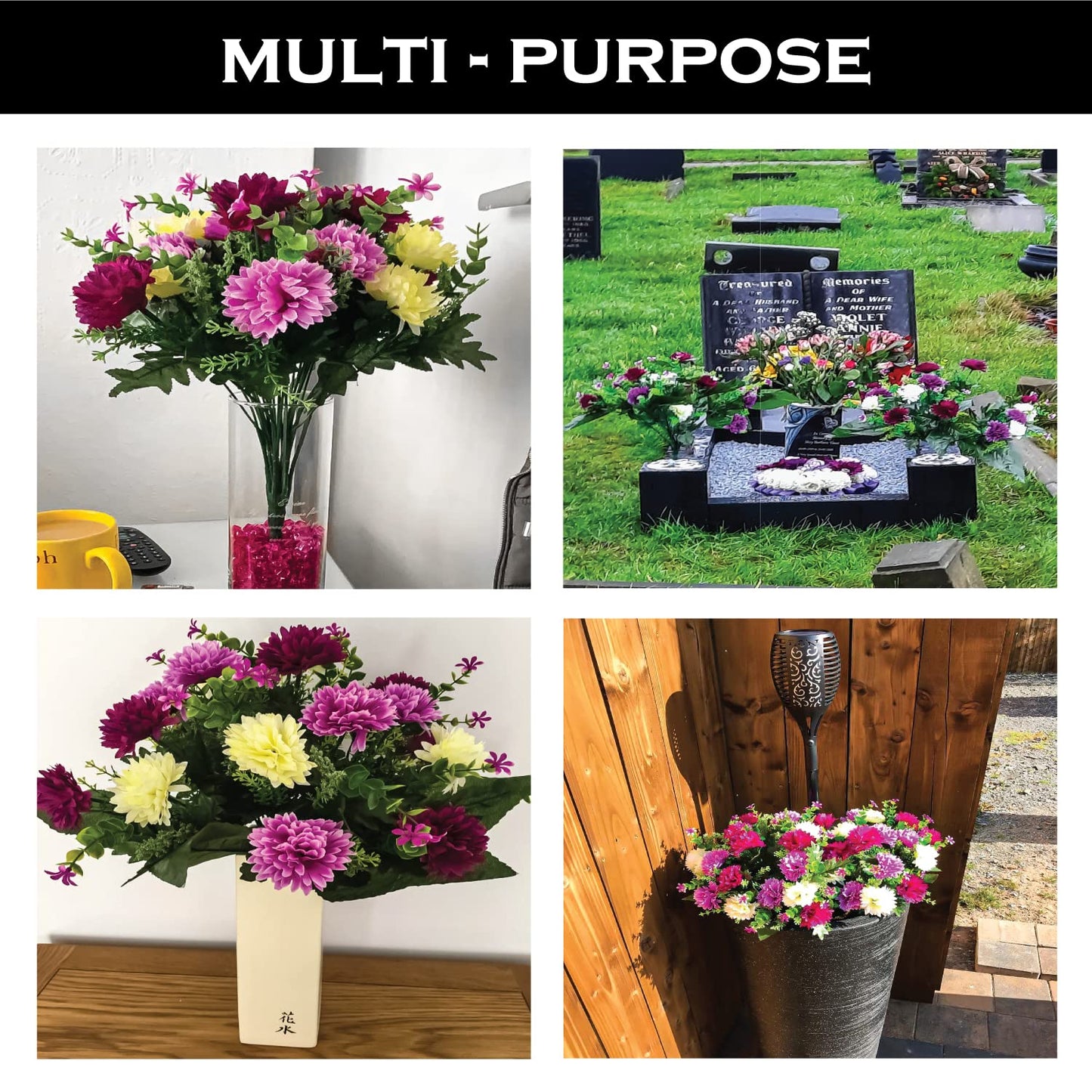 Bagari 41cm Artificial Flowers for Graves- Fake Plastic Bunch of 16 Heads- Large Mixed Bush Ivory-Liclac-Purple Delivery Next day Prime- Fresh Bouquet for Outdoor & Indoor Events Wedding Party Decor