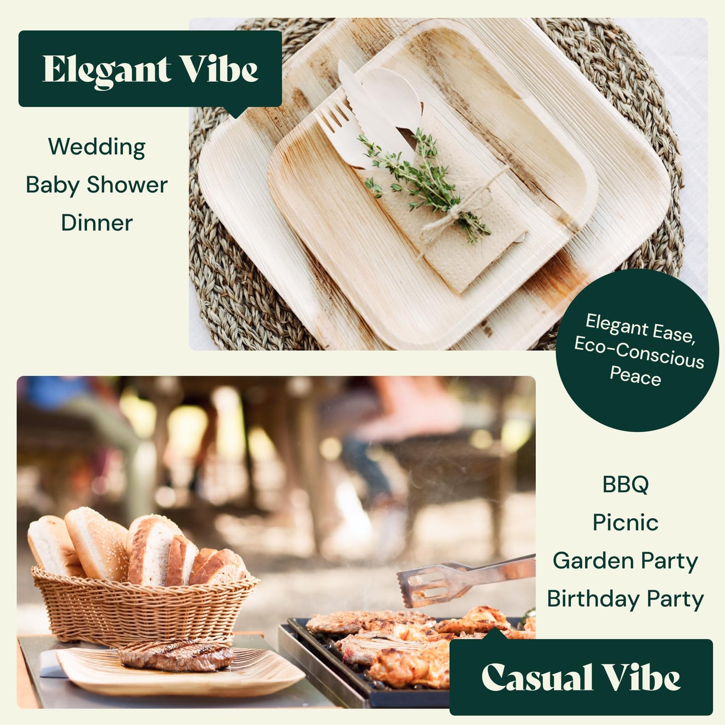 Chic Leaf Compostable & Biodegradable Palm Leaf Disposable Bamboo Plates for 4th of July- Disposable Party Plates for Appetizers - Camping Essentials - Reusable Party Supplies (10 & 7 Inch Square)