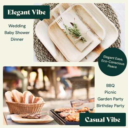 Chic Leaf Compostable & Biodegradable Palm Leaf Disposable Bamboo Plates for 4th of July- Disposable Party Plates for Appetizers - Camping Essentials - Reusable Party Supplies (10 & 7 Inch Square)