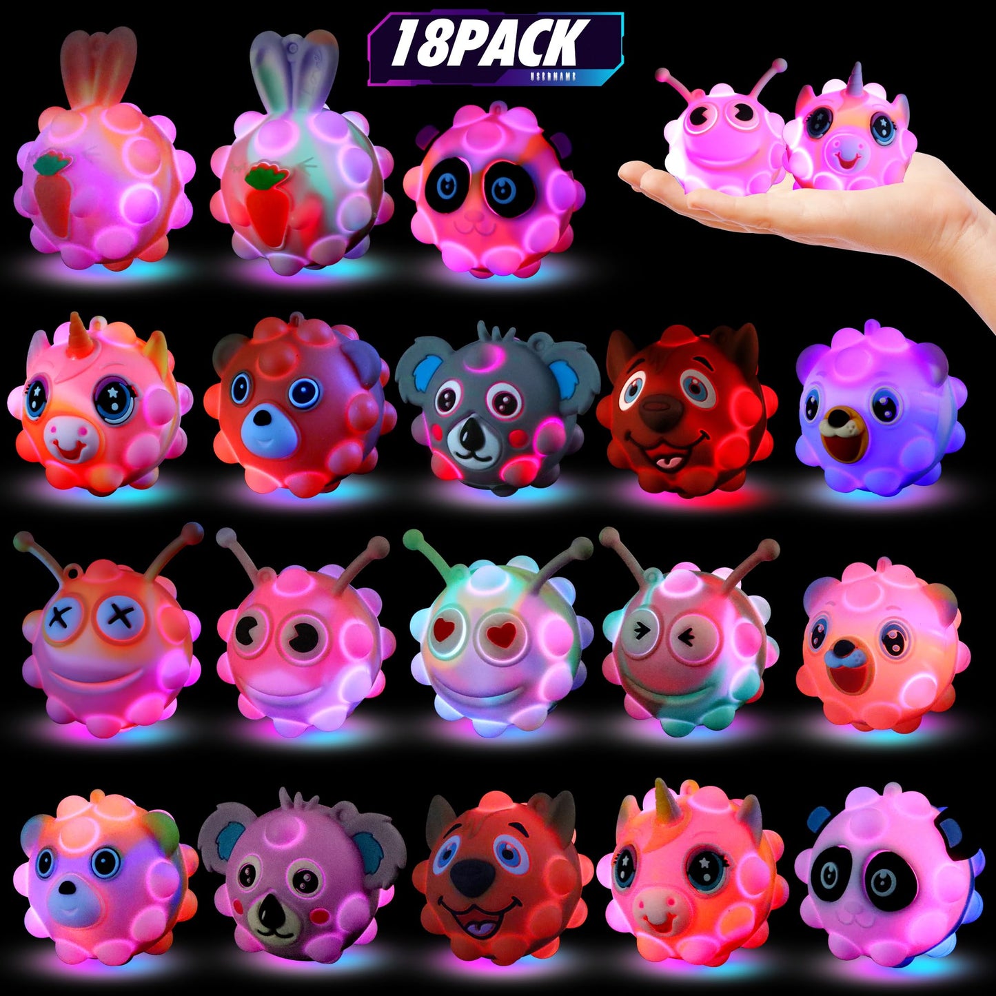 KissFree Light Up Animal Pop Balls Toys Party Favors,Goodie Bags Stuffers for Kids,Glow in Dark Pop Balls Birthday Party Favors,Pinata Stuffers,Carnival Prizes,Classroom Prizes