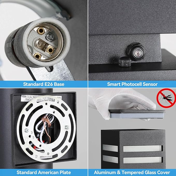 Modern Outdoor Wall Lights Dusk to Dawn, Black Exterior Lighting Fixtures Wall Mount with E26 Base, Square Outdoor Sconce Waterproof Outside Lights for House Porch Front Door, Bulbs Included