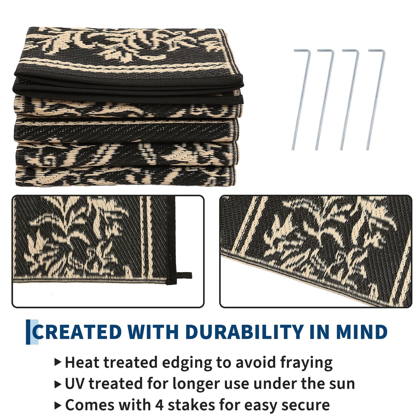 Garvee Outdoor Rugs 5x8 Waterproof Reversible Mat Boho Leaf Patio Rug with 4 Stakes and Starage Bag, Large Outdoor RV Mat Rugs for Camping, Picnic, Balcony, Deck, Backyard, Black & Brown
