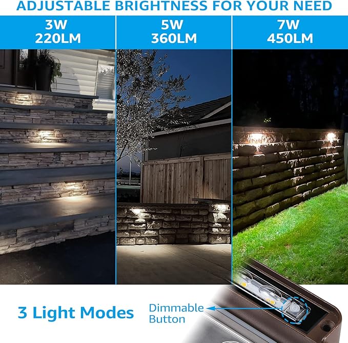 LEONLITE 12 Inch Dimmable LED Hardscape Lighting 3-Way, 3W/5W/7W Retaining Wall Lights, Low Voltage Landscape Lights, 12V-24V AC/DC, Outdoor Paver Step Light, 5000K Daylight, ETL Listed, Pack of 4