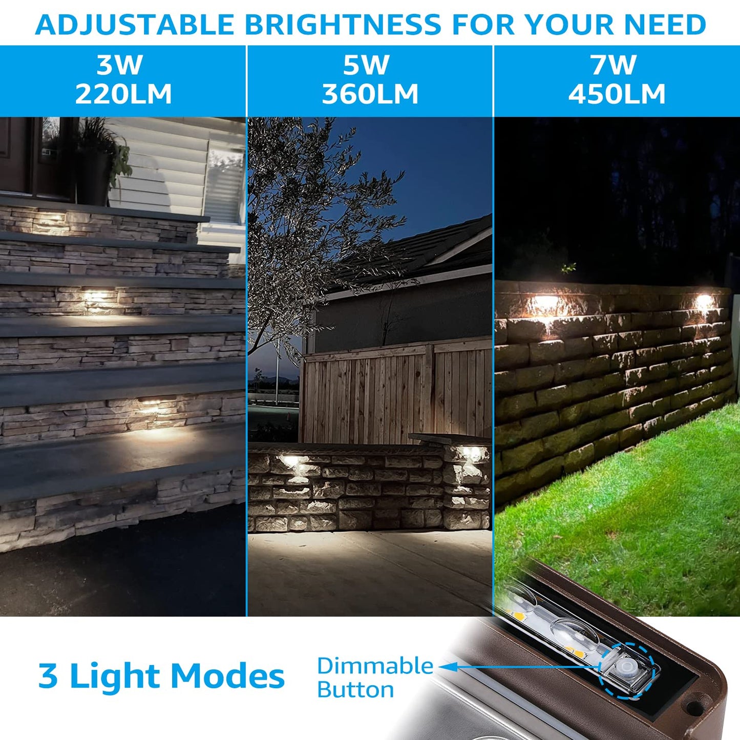 LEONLITE 8-Pack Premium Series 12 Inch Dimmable LED Hardscape Lighting 3 Way, 3W/5W/7W Retaining Wall Lights, Low Voltage Landscape Lights, 12V Paver Light, Outdoor Step Light, 5000K Daylight, ETL