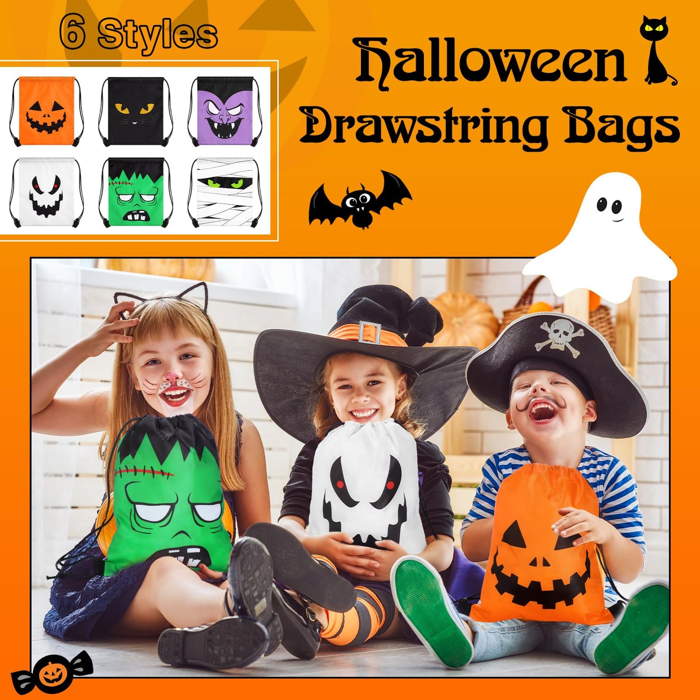 Censen 24 Pcs Drawstring Bags Set Bulk 12 x 10 Inch Waterproof Beach Sack Pack for Girls Boys Kids Gift Party Gym Supplies (Halloween Style)