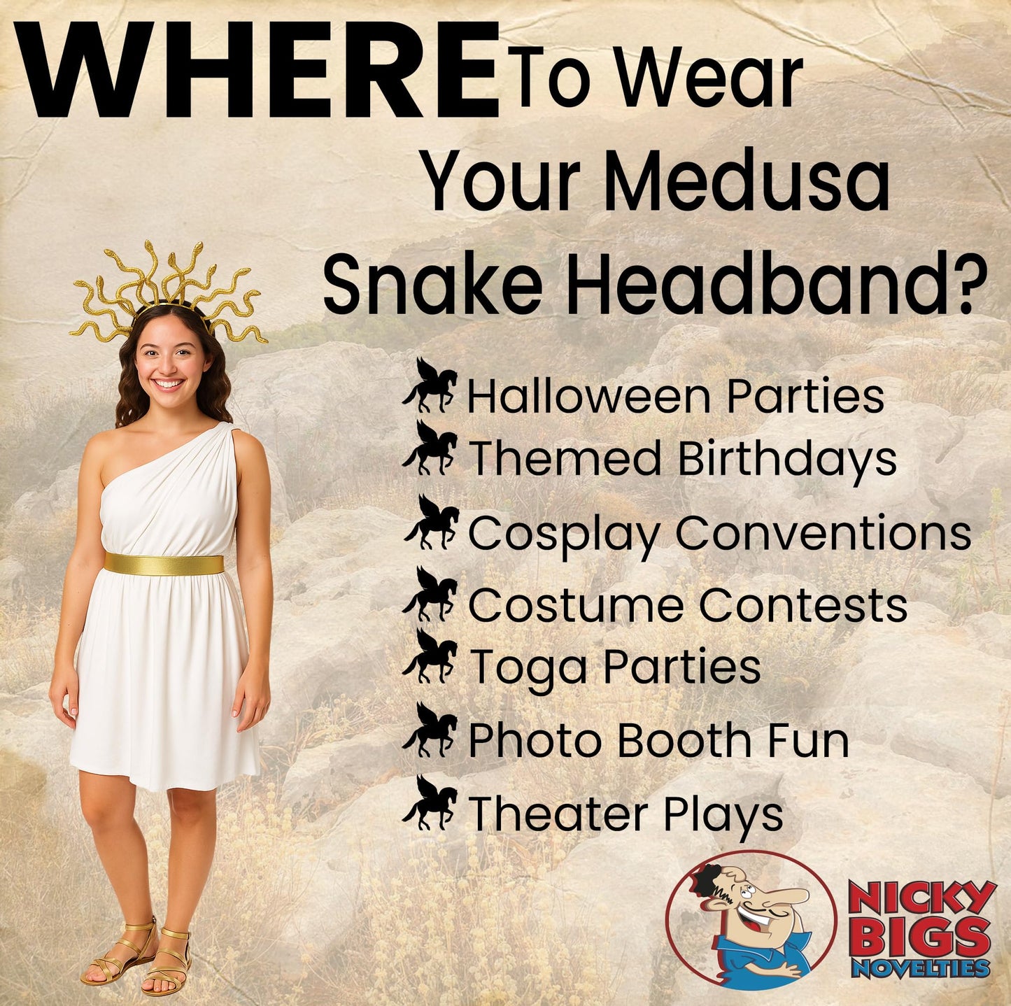 Nicky Bigs Novelties Medusa Snake Headband Greek Goddess Headdress Crown Cosplay Accessory for Women Gold or Bronze Medusas Snakes Headpiece Hat Costume – Lightweight Adult