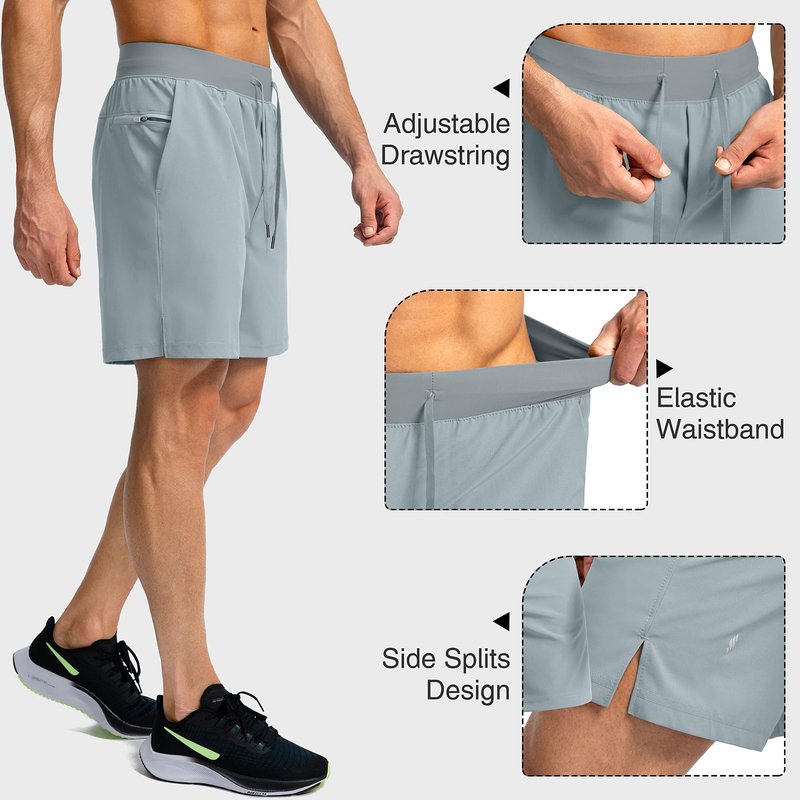 Soothfeel Men's Running Shorts with Zipper Pockets 7 Inch Lightweight Quick Dry Gym Athletic Workout Shorts for Men (Light Grey2, XXL)