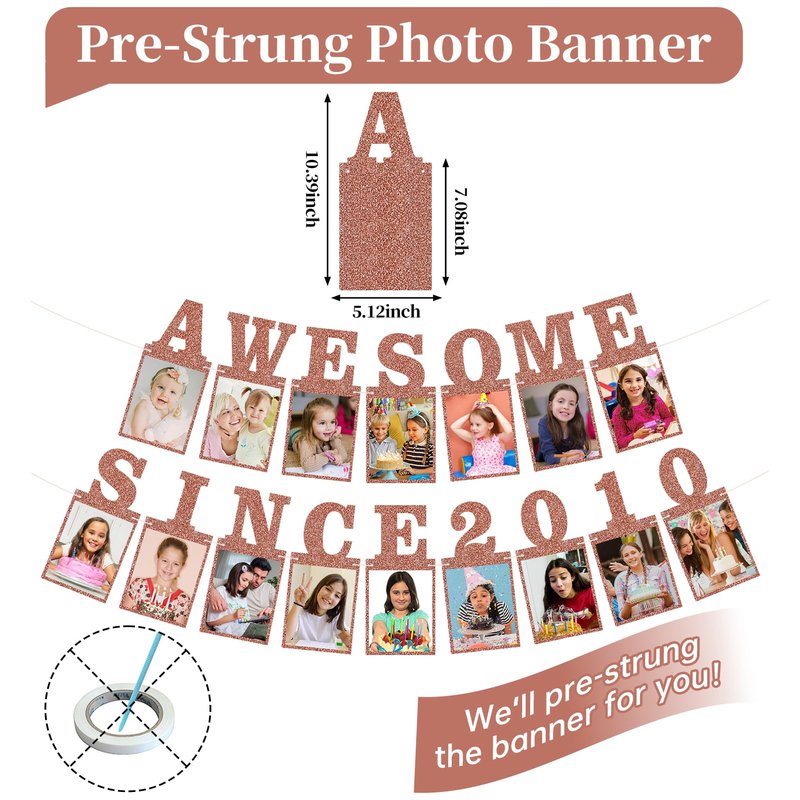Pre-strung Awesome Since 2010 Photo Banner Birthday Decorations for Girls Women- Pink Rose Gold Glitter Sweet 16th Birthday and Anniversary Decorations Party Supplies