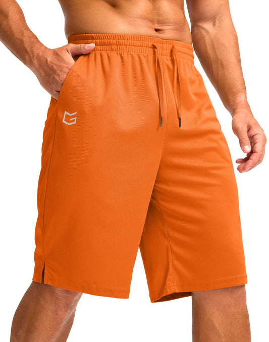 G Gradual Men's Athletic Shorts with Pockets 11" Long Basketball Shorts Lightweight Quick Dry Gym Workout Shorts for Men(Orange,L)