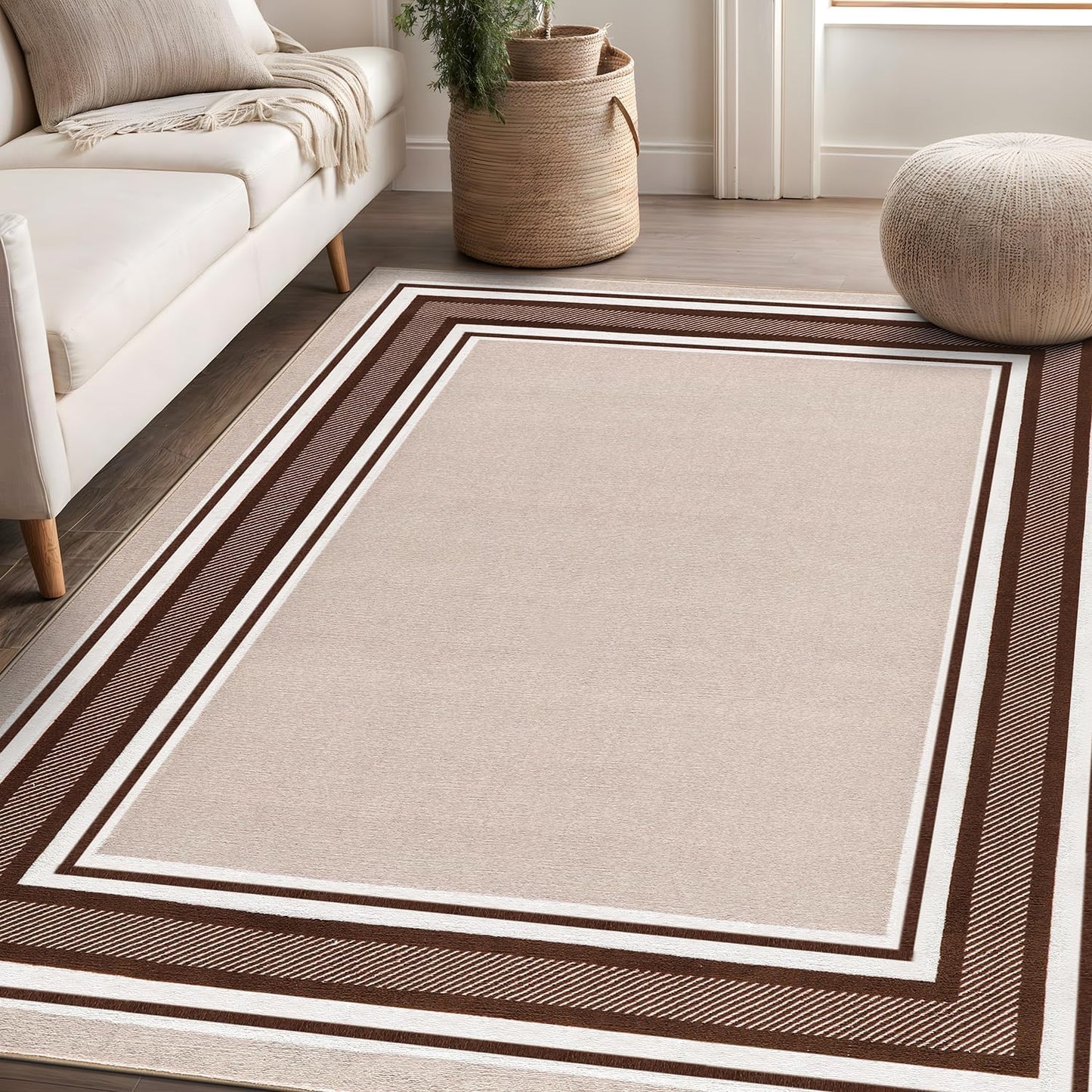 Beverly Rug Non Slip Area Rugs 8x10 Modern Bordered Non Skid Rubber Backing Soft Area Rug for Living Dining Room Easy to Clean Non Shedding Kitchen Bedroom Indoor Carpet 8 x 10 Beige-Brown
