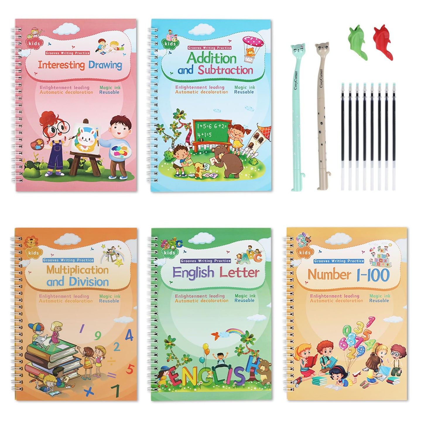 Magical Handwriting Workbooks Practice Copybook, Aid Magic Pen Reusable Grooves Template Design for Children (4 Books, 10.2×7.2 in)