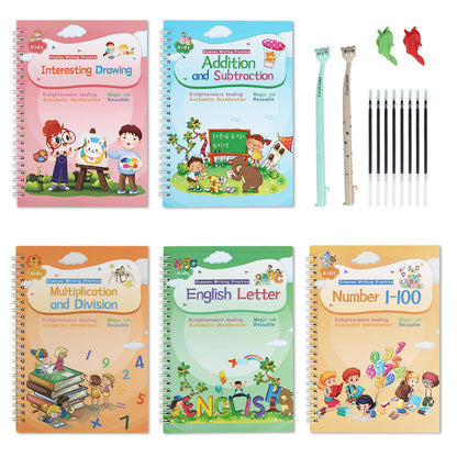 Magical Handwriting Workbooks Practice Copybook, Aid Magic Pen Reusable Grooves Template Design for Children (4 Books, 10.2×7.2 in)
