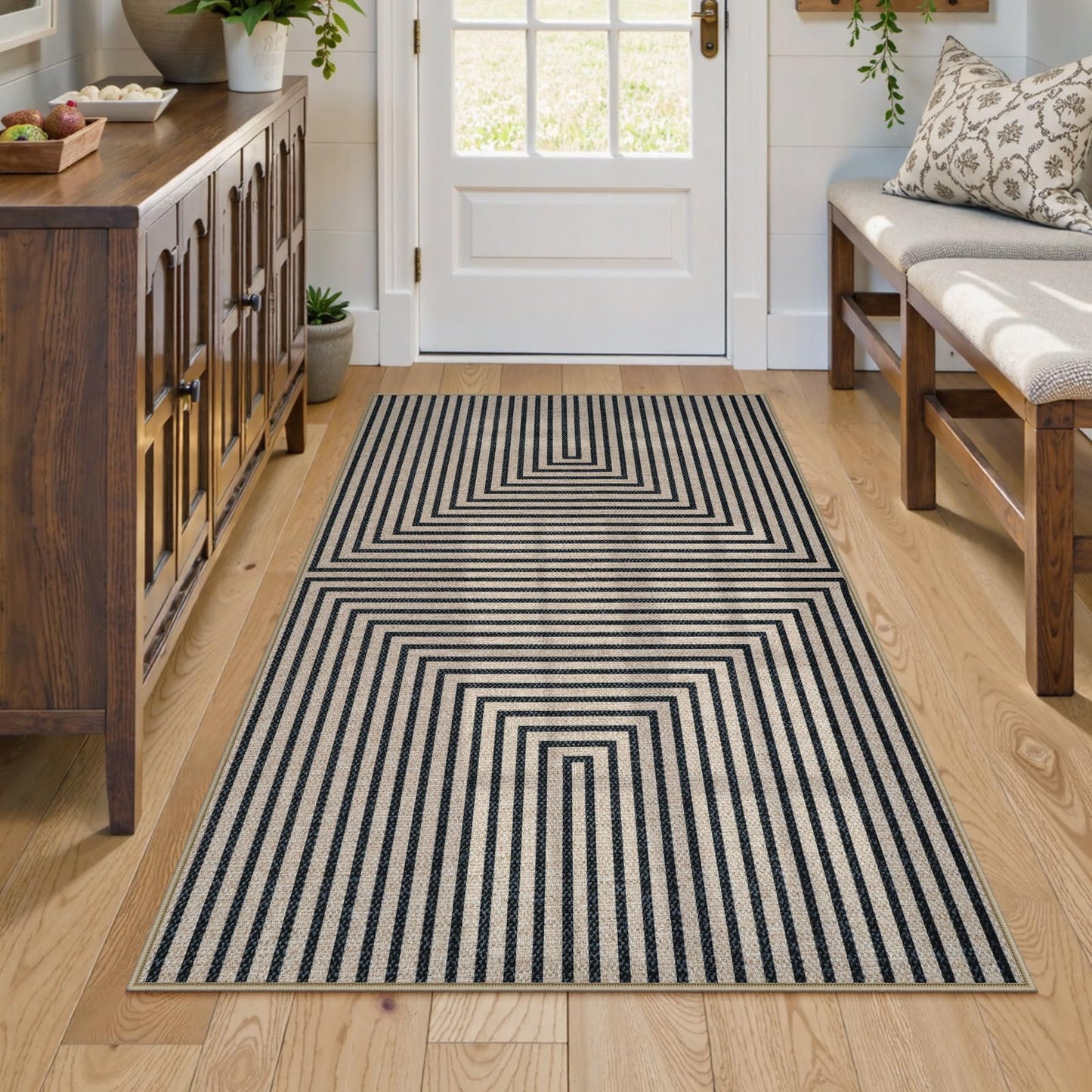 Collive 3x5 Easy Jute Outdoor Entryway Rug, Washable Modern Geometric Indoor Carpet Black Neutral Small Area Rugs, Non Slip Woven Kitchen Mats for Entrance Bedroom Kids Room Patio Decor