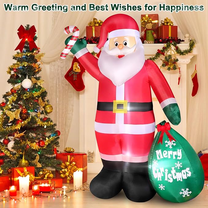 6FT Christmas Inflatable Santa with Candy and Big Gift Bag Outdoor Decorations, Built-in Brilliant Led Lights Blow Up Xmas Yard Decor, Kindly Festival Decor for Yard Lawn Garden Indoor Holiday Party