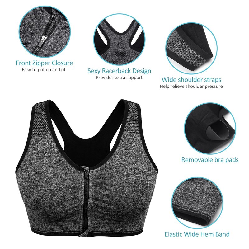 Women's Zip Front Sports Bra - Wireless, Post-Surgery, Padded, Racerback, Active, Yoga, Bust Reduction (X-Large, 3 Pack (Black+Grey+Bean Paste))