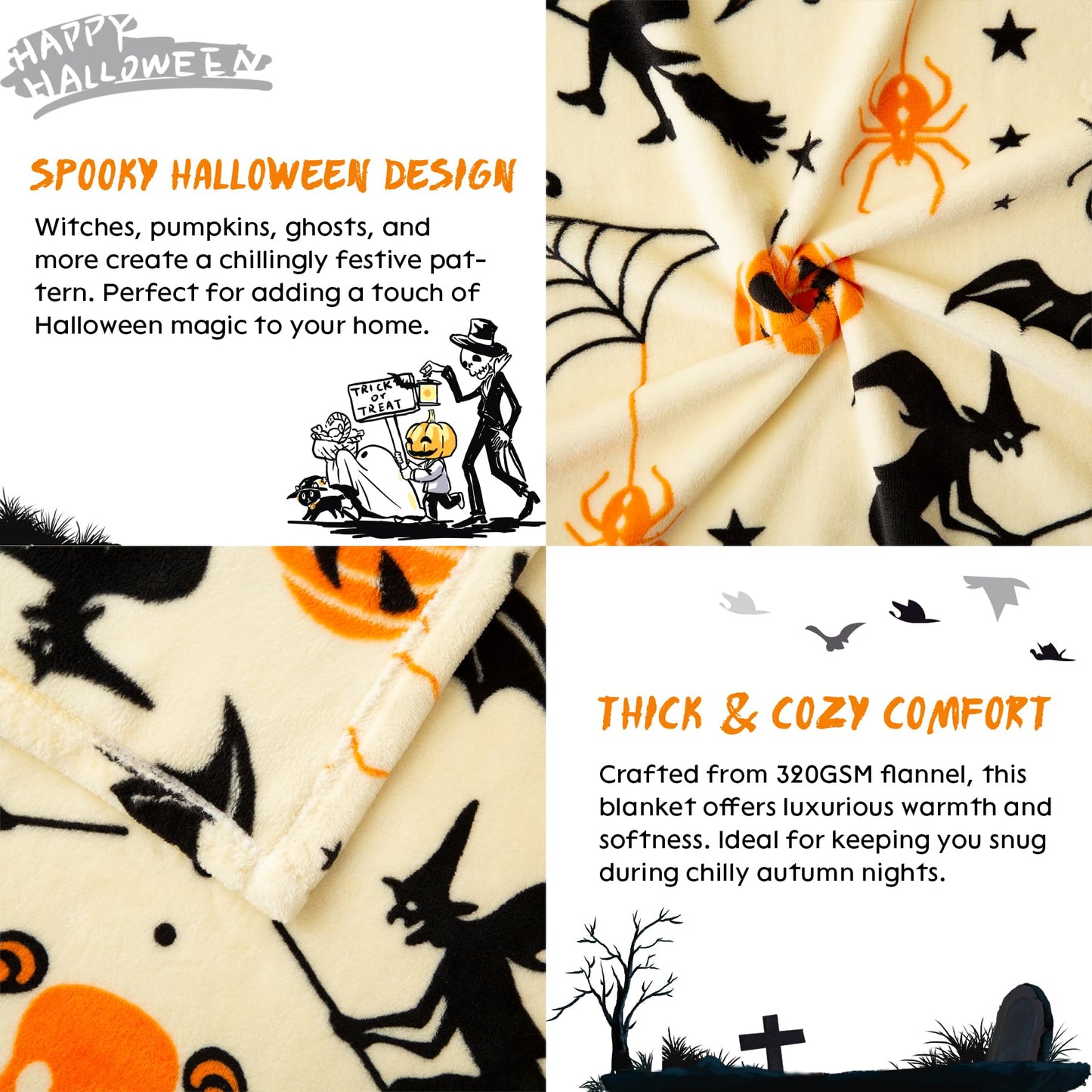Pumpkin Halloween Blanket 50” x 70” Reversible Witch's Hat Spider Webs Print Fleece Throw Blanket, 320 GSM Surper Soft Warm Cozy Blanket for Couch Sofa, Halloween Harvest Gifts and Orange Home Decor