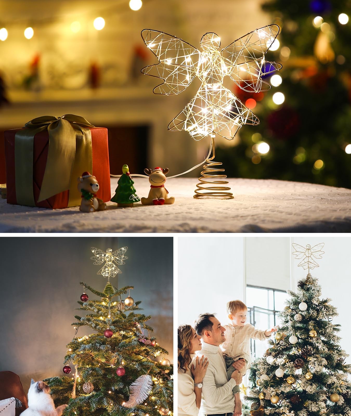 Roylvan Christmas Tree Topper Angel, USB-Powered Christmas Tree Light with Remote & 6H Timer, 3D Hollowed Angel Decoration for Xmas Trees Home Decor Outdoor Party, 9.8 Inch (H), Gold