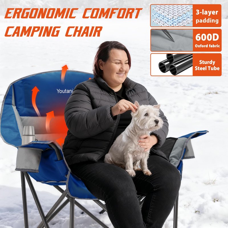Youtanic Oversized Extra Large Heated Padded Camping Chair up to 500lbs, 3 Heat Levels Camp Chair with Carry Bag, Outdoor Heating Folding Chairs for Adults, Fishing, Sports, Picnic, Gray-Blue