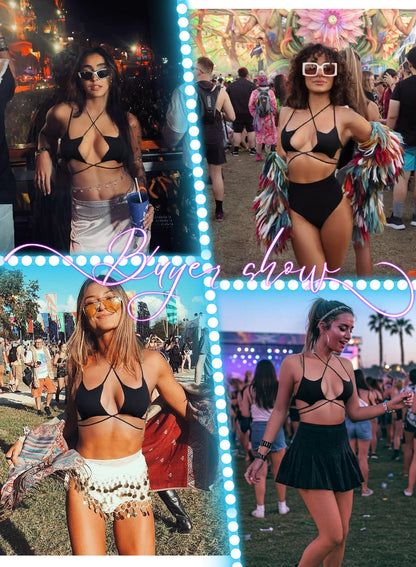Rave Star Top for Women - Halloween Sexy Halter Crop Backless Bra Music Festival Crisscross Straps Concert Outfits(Black,L,1078a)