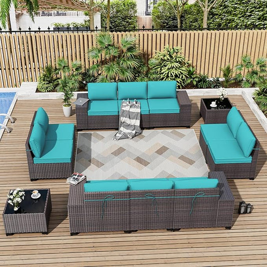 ALAULM 12 Pieces Outdoor Patio Furniture Set Sectional Sofa Sets Brown PE Rattan Patio Conversation Set w/10 Turquoise Blue Seat Cushions and 2 Coffee Tables