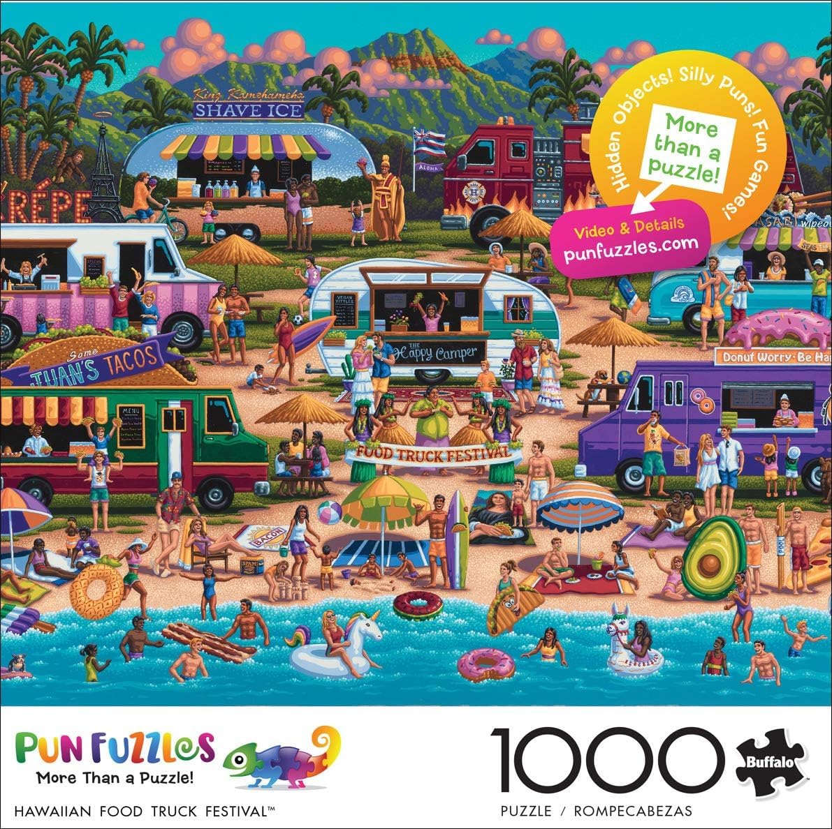 Buffalo Games - Pun Fuzzles - Hawaiian Food Truck Festival - 1000 Piece Jigsaw Puzzle For Adults -Challenging Puzzle Perfect for Game Nights - Finished Size is 26.75 x 19.75