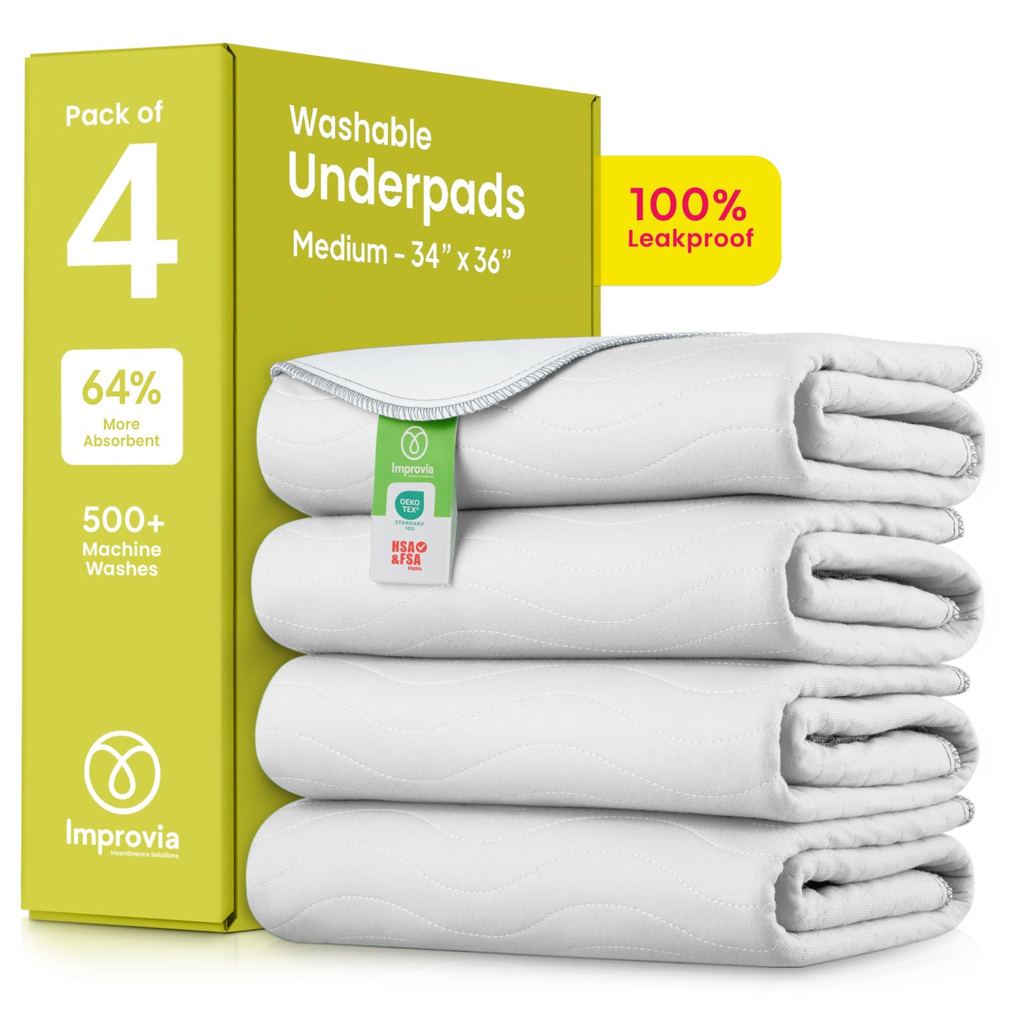 IMPROVIA® Washable Underpads, Heavy Absorbency Reusable Incontinence Pads for Kids, Adults, Elderly, and Pets - Waterproof Protection Floor White & White, (4 Pack - 34x36)
