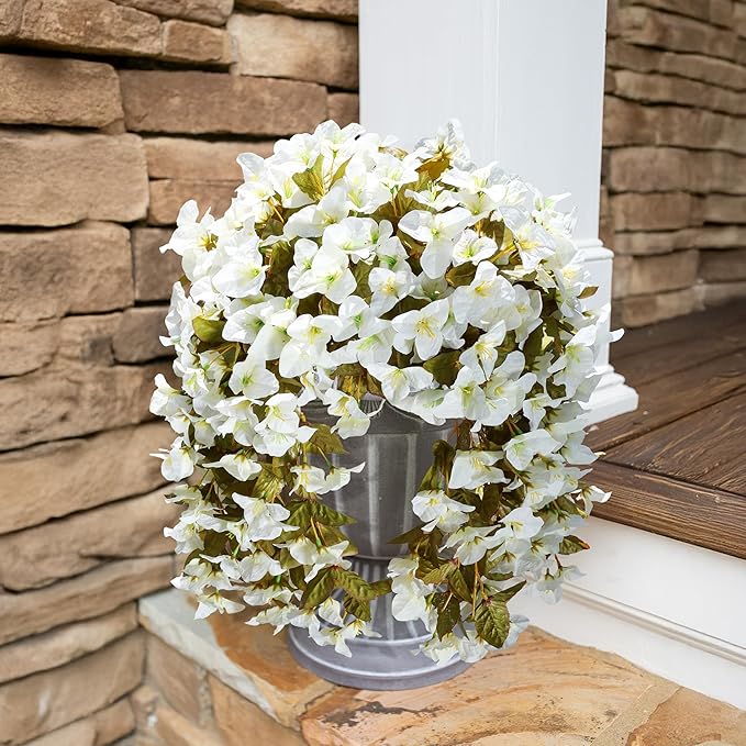 HyeFlora Bougainvillea Artificial Hanging Flowers Plants for Outdoors Winter Decoration, 2pcs Faux Bougainvillea Vines White Fake Flowers Realistic UV Resistant Silk Flowers for Outside Planter Yard