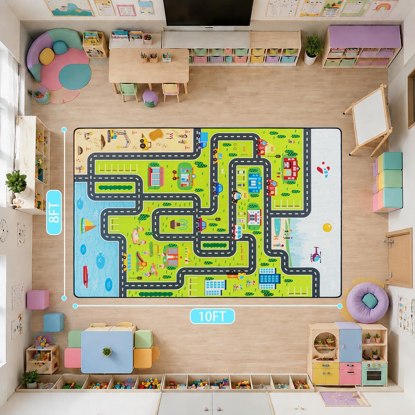 8' x 10' Kids Carpet Playmat Rug, Track Car Play Rugs for Kids Car Rug Education City Traffic Road Map Fun Carpets for Baby Toddler Boy Bedroom Playroom