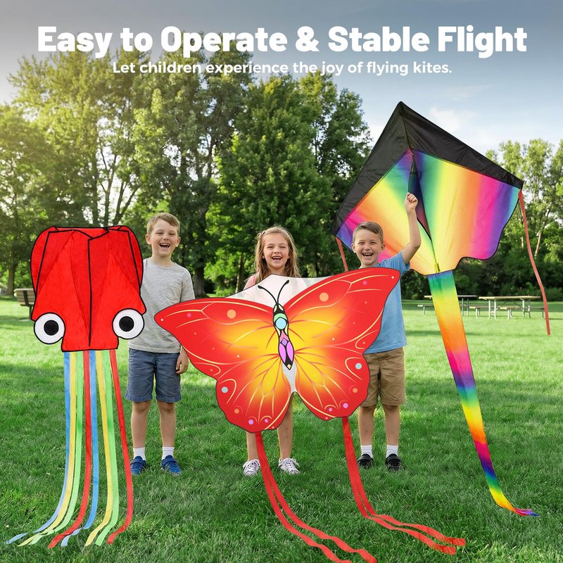 Crogift 3 Pack Large Kites, Easy to Fly Large Butterfly, Giant Red Octopus & Colorful Delta Kite for Beach Trip - Perfect Kites for Kids Ages 4-8 8-12, Gifts for Easter and Festival