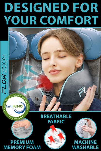 FLOWZOOM Memory Foam Travel Pillow for Airplanes & Car Rides – Adjustable Airplane Pillow with 360° Chin and Neck Support for Comfy Naps, Extra-Soft Washable Neck Pillow Cover, Squeezy Mesh Bag – Grey