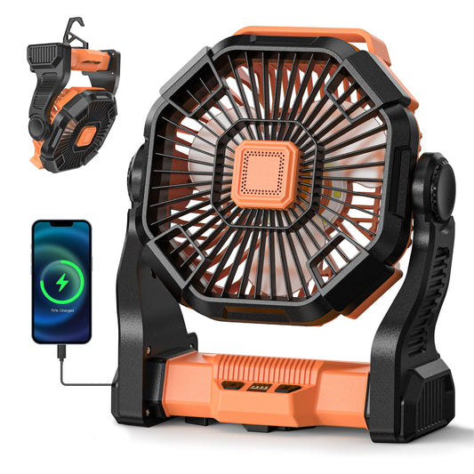 Doviluxe Camping Fan Battery Powered -12000mAh Portable Rechargeable Fans Light, Battery Operated Fan for Camping Hook 4 Speed Quiet Cordless USB Personal Cooling for Desk Home Beach Tent BBQ