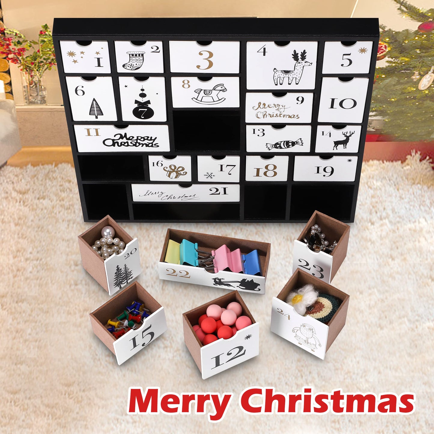 SUNGIFT Wooden Advent Calendar, Christmas Countdown Calendar Boxes with 24 Drawers and Numbers to Fill 2025, DIY Reusable Advent Calendar Decoration Xmas Gift for Kids, Adults, Family, Friends