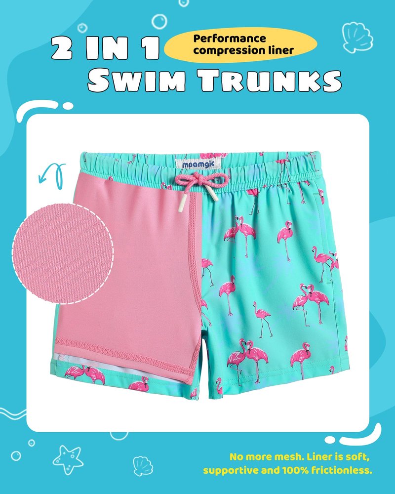 maamgic Boys Swim Trunks with Compression Liner Toddler Stretch Swim Shorts Quick Dry Swimming Trunks Boxer Brief 2 in 1 Beach Shorts Blue Flamingos 5/6