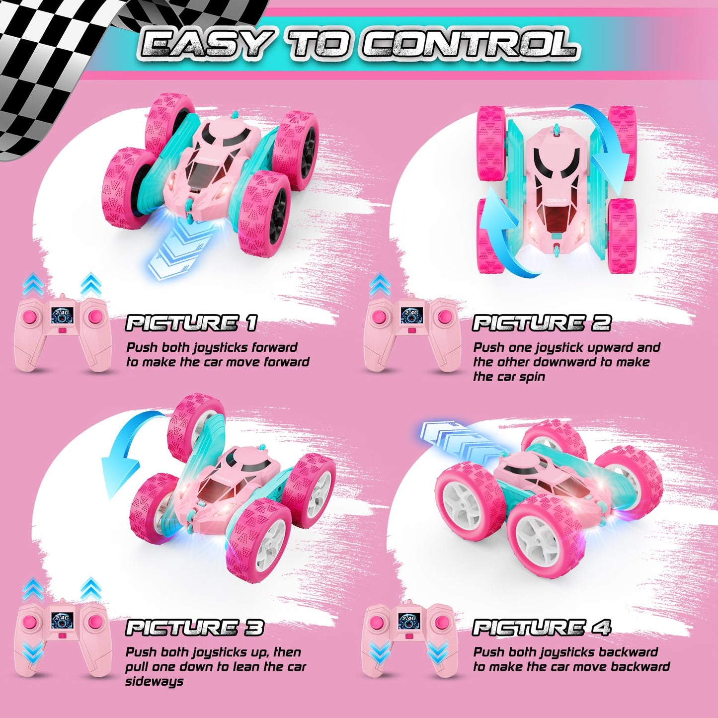 cosone Pink Remote Control Car for Girls, RC Stunt Car Double Sided 360°Flip with Headlights, All Terrain Tires, Rechargeable Batteries Toy Car for 6 7 8 9 10 11 12 Girls Birthday