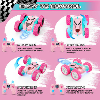 cosone Pink Remote Control Car for Girls, RC Stunt Car Double Sided 360°Flip with Headlights, All Terrain Tires, Rechargeable Batteries Toy Car for 6 7 8 9 10 11 12 Girls Birthday