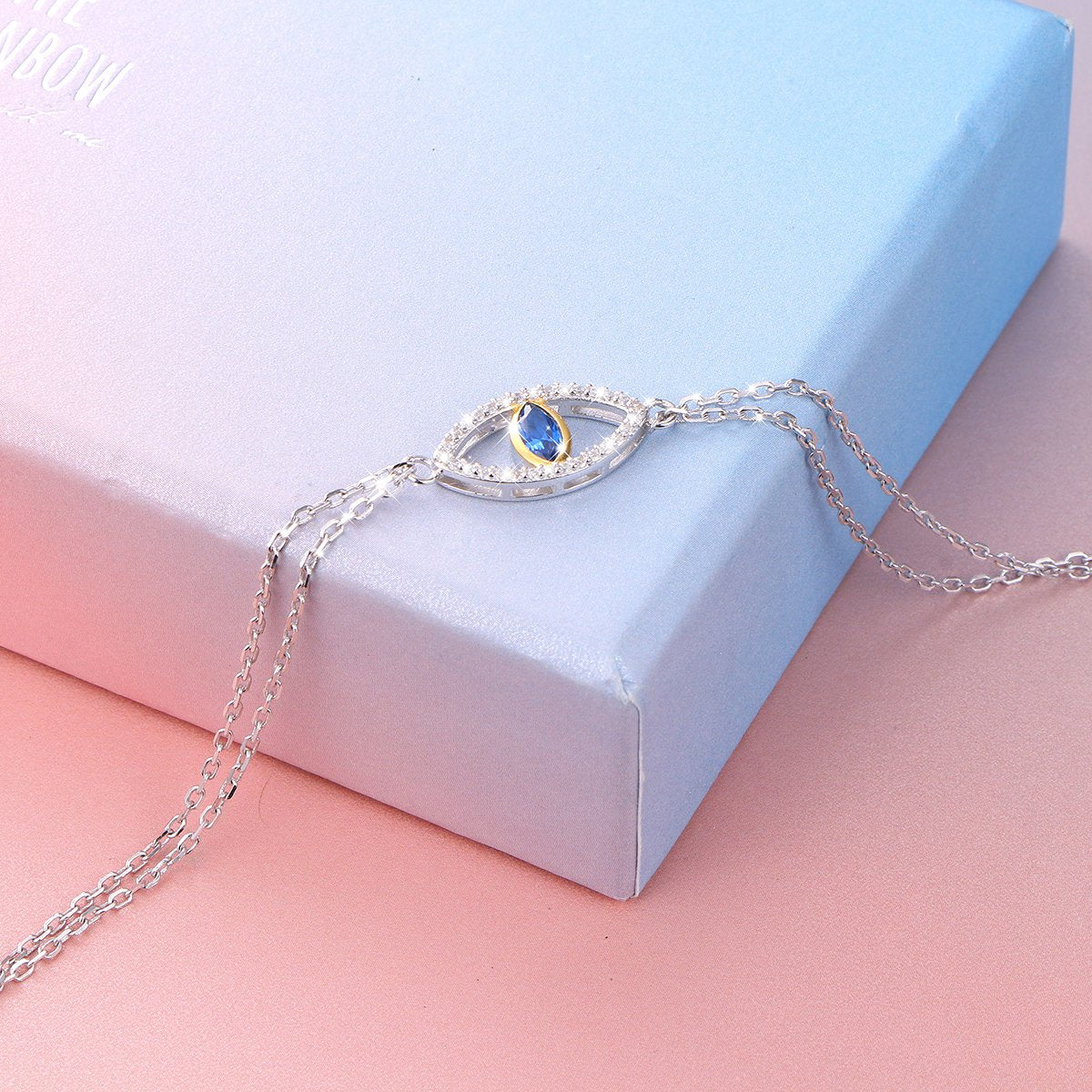 DAOCHONG 925 Sterling Silver Double Strand Cubic Zirconia Evil Eye Bracelet Protection Jewelry For Women (Blue)