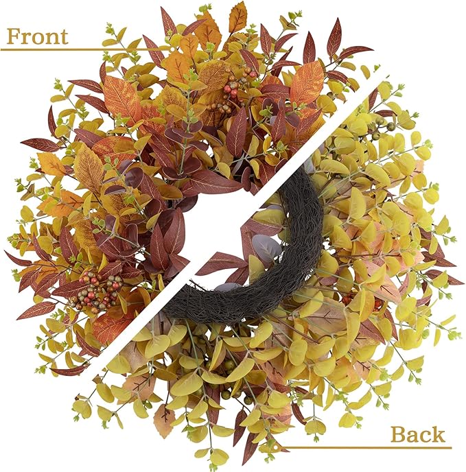 Fall Wreaths for Front Door 24 Inch Large Artificial Autumn Wreath with Eucalyptus Leaves Harvest Thanksgiving Indoor Outdoor Decor Porch Window Wall Farmhouse Rustic Hanging Door Decorations