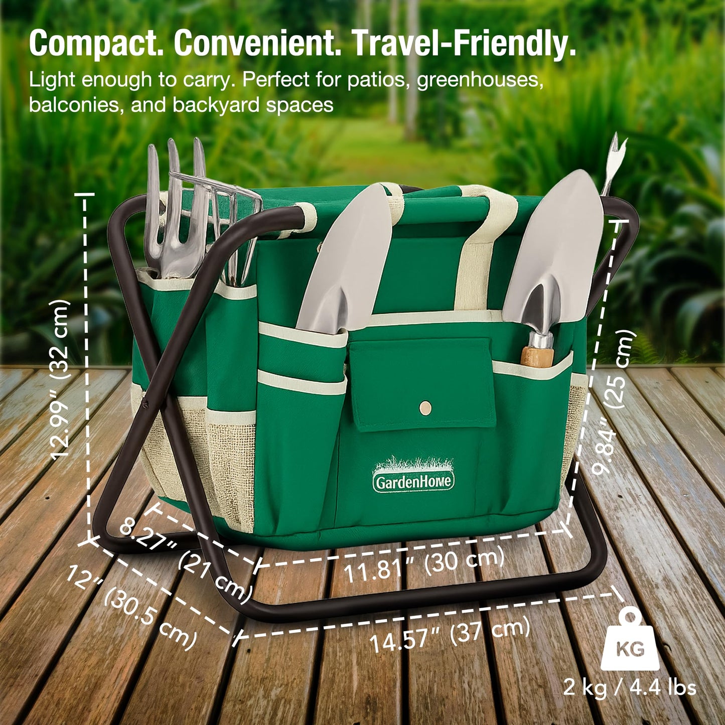 GardenHOME Garden Tool Set, Stainless Steel 7 Piece Tool Set, Heavy Duty Folding Stool, Detachable Canvas Tote Bag, Gardening Tool Kit Organizer