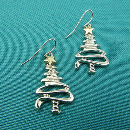 Cute Christmas Tree Piercing Dangle Earrings Golden Silver Two Tone Women Holiday Gift