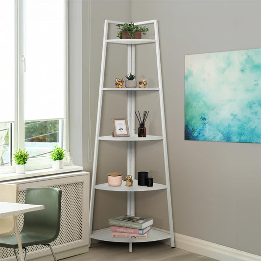 CAPHAUS Tall Corner Shelf Stand, 5-Tier Display Shelves, Ladder Corner Wood Storage Plant Bookshelf with Metal Frame, Versatile Shelving Unit Bookcase for Home Office Space, White